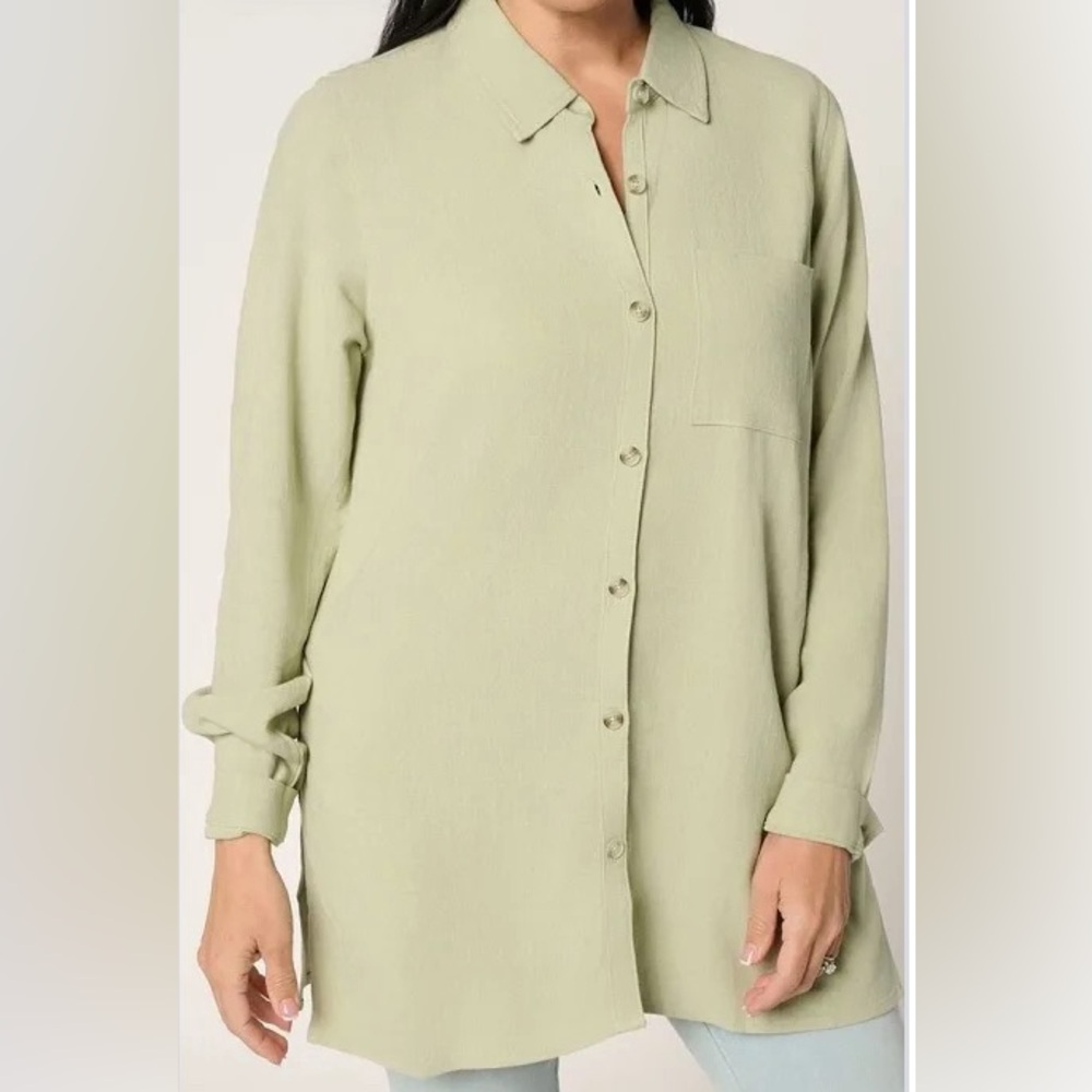 New Belle by Kim Gravel Riviera Linen Button UP Big Shirt Desert Sage size 1XP